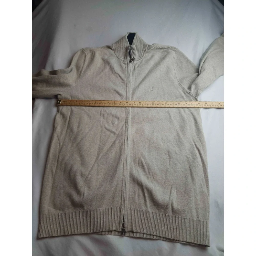 Nautica Full Zip Sweater Mens Size XL Beige Knit Mock Neck Long Sleeve Casual